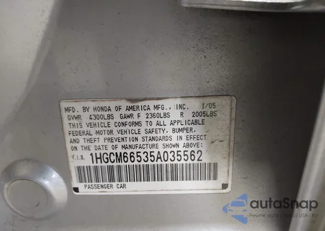 2005 Honda Accord 3.0 Ex z USA, uszkodzony, nr VIN 1HGCM66535A035562